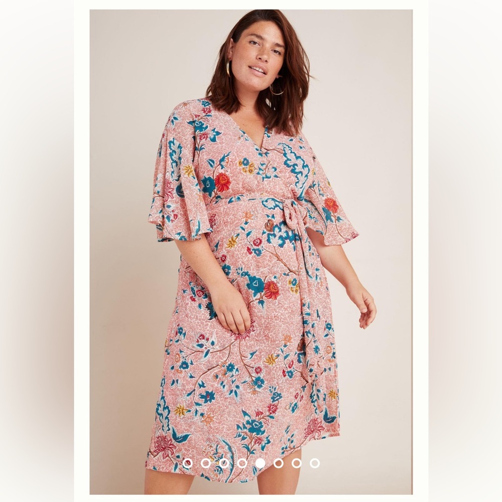 Anthropologie Pink Floral Midi Dress with Teal and Red Accents